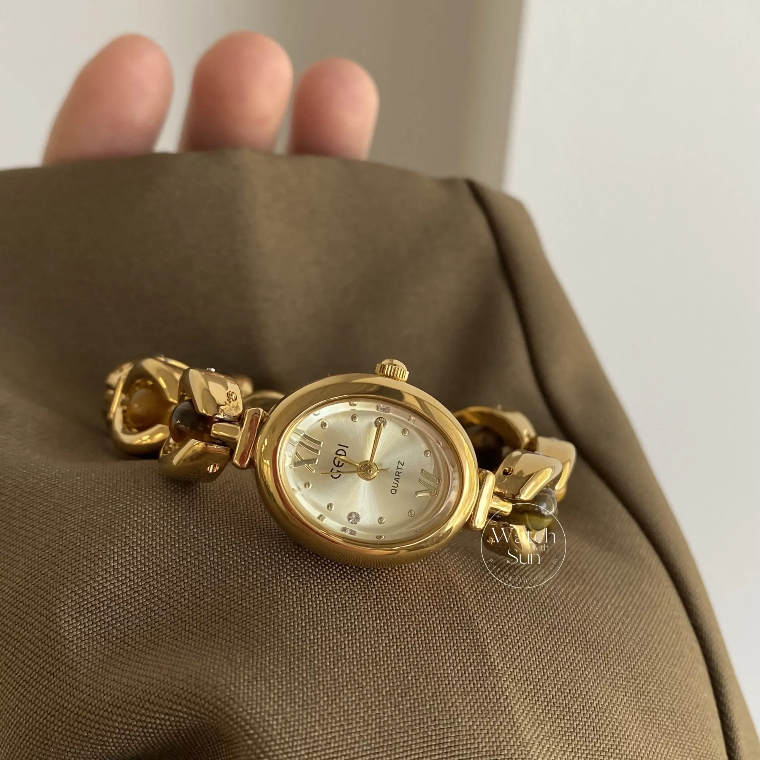 Oval Face Tiger's Eyes Stone Gold Bracelet Watch