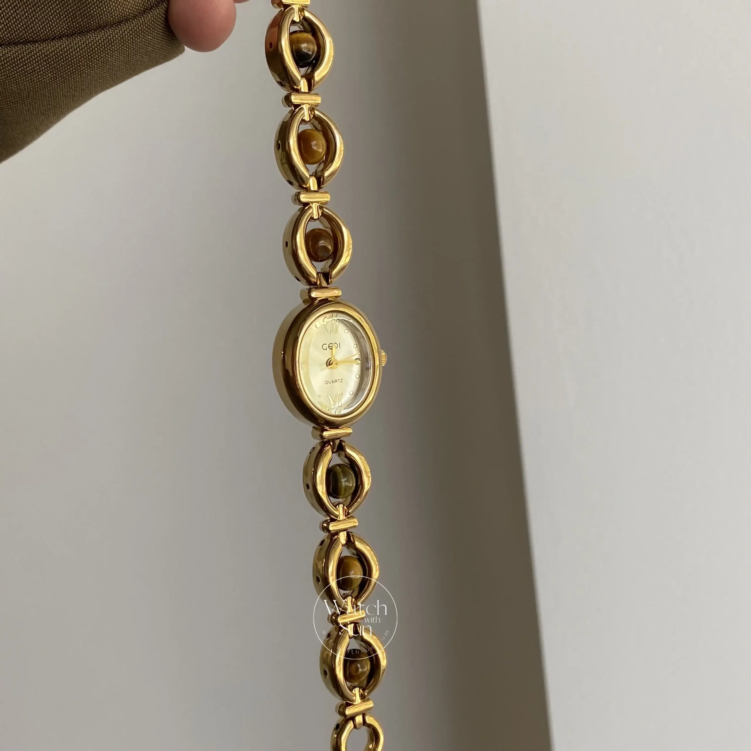 Oval Face Tiger's Eyes Stone Gold Bracelet Watch