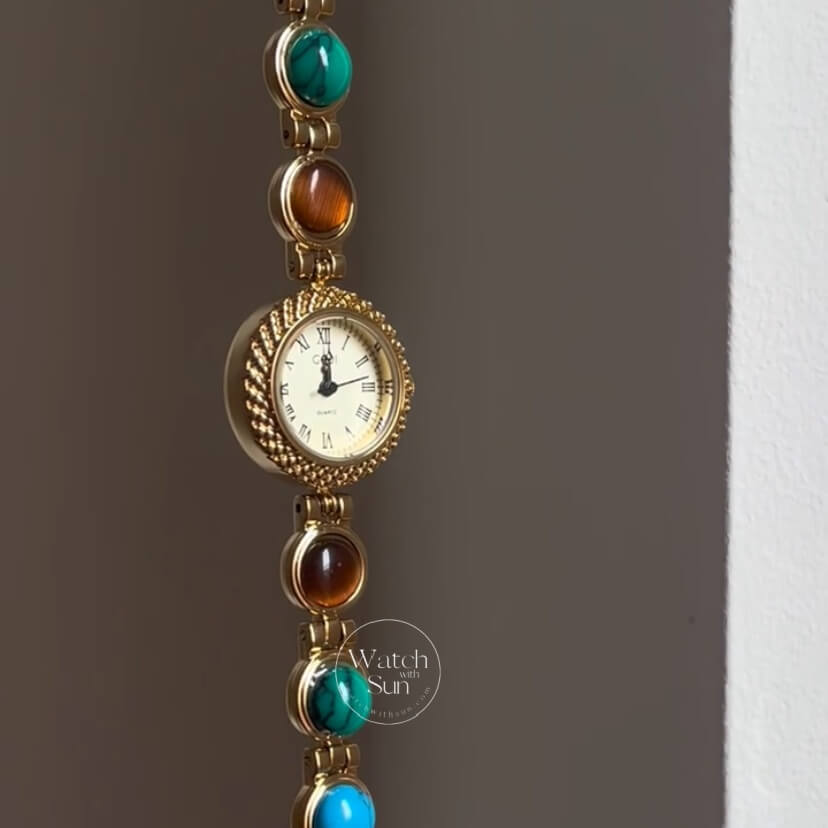 Vintage Round Face Natural Turquoise & Malachite Bracelet Watch
