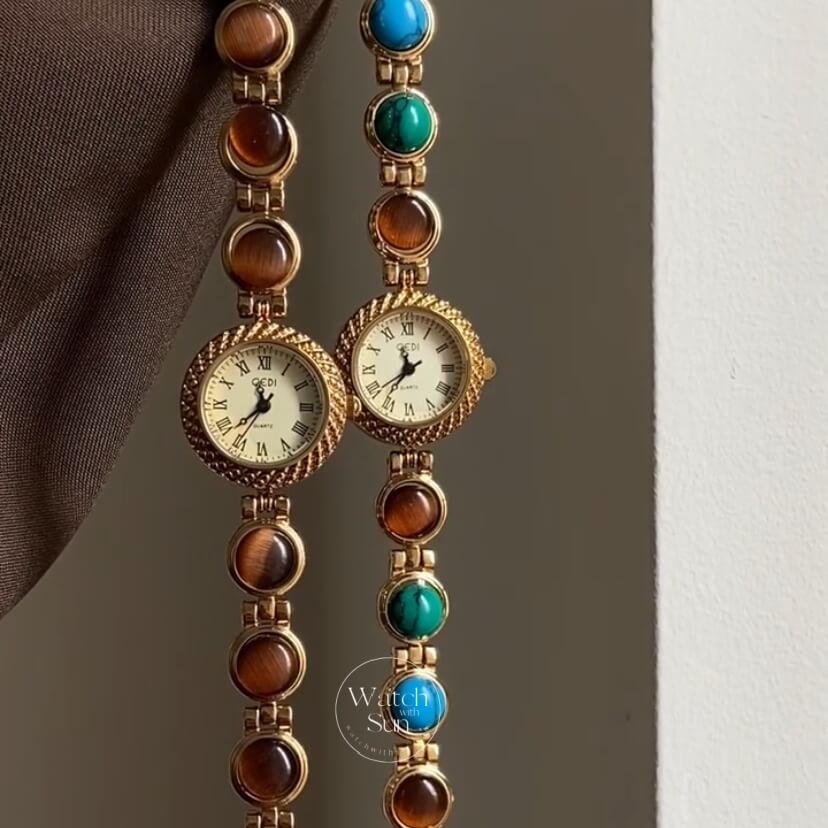 Vintage Round Face Natural Turquoise & Malachite Bracelet Watch