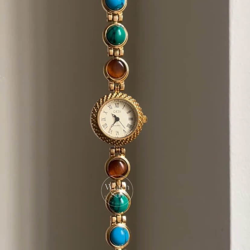 Vintage Round Face Natural Turquoise & Malachite Bracelet Watch