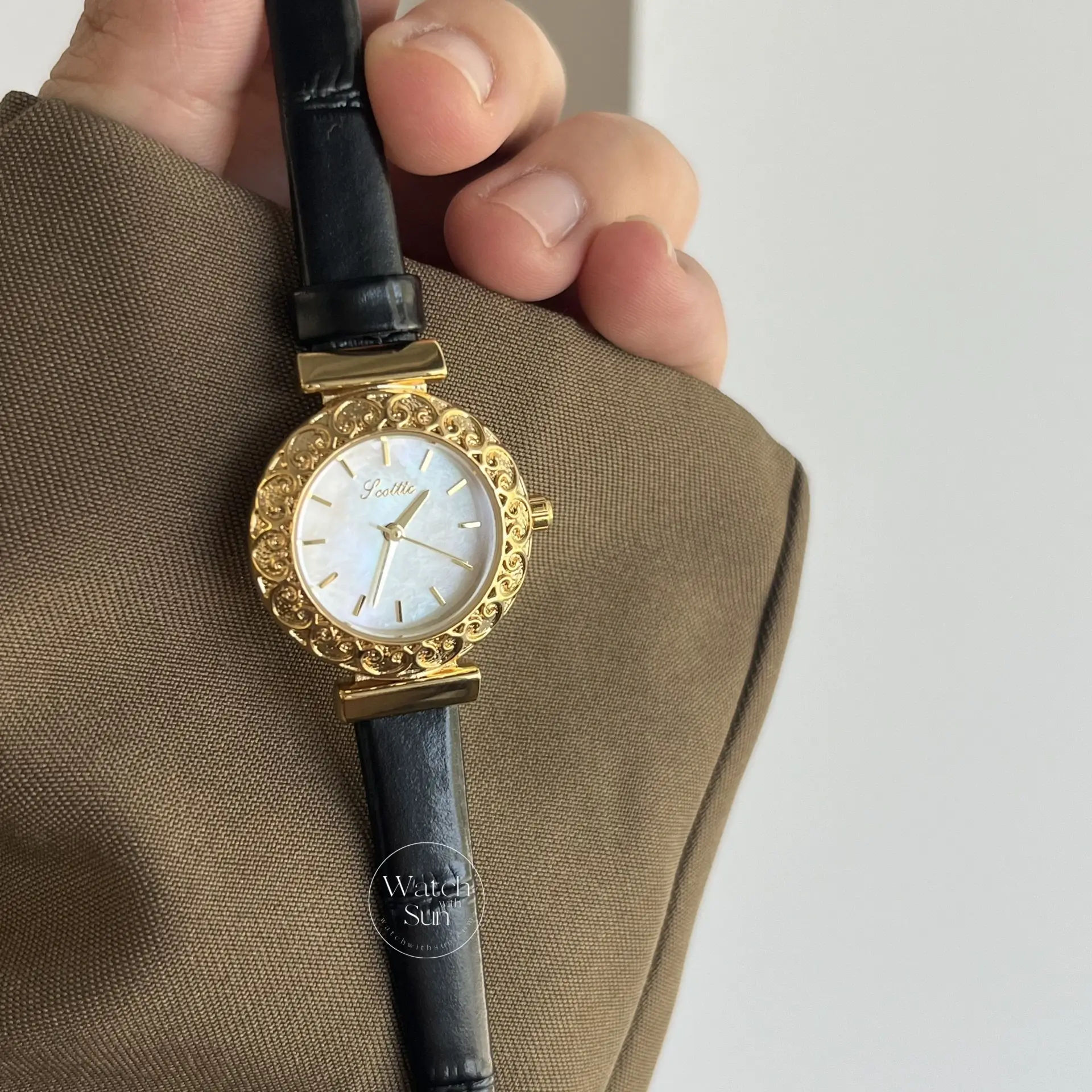 Dainty Mother of Pearl Round Face Black Leather Watch