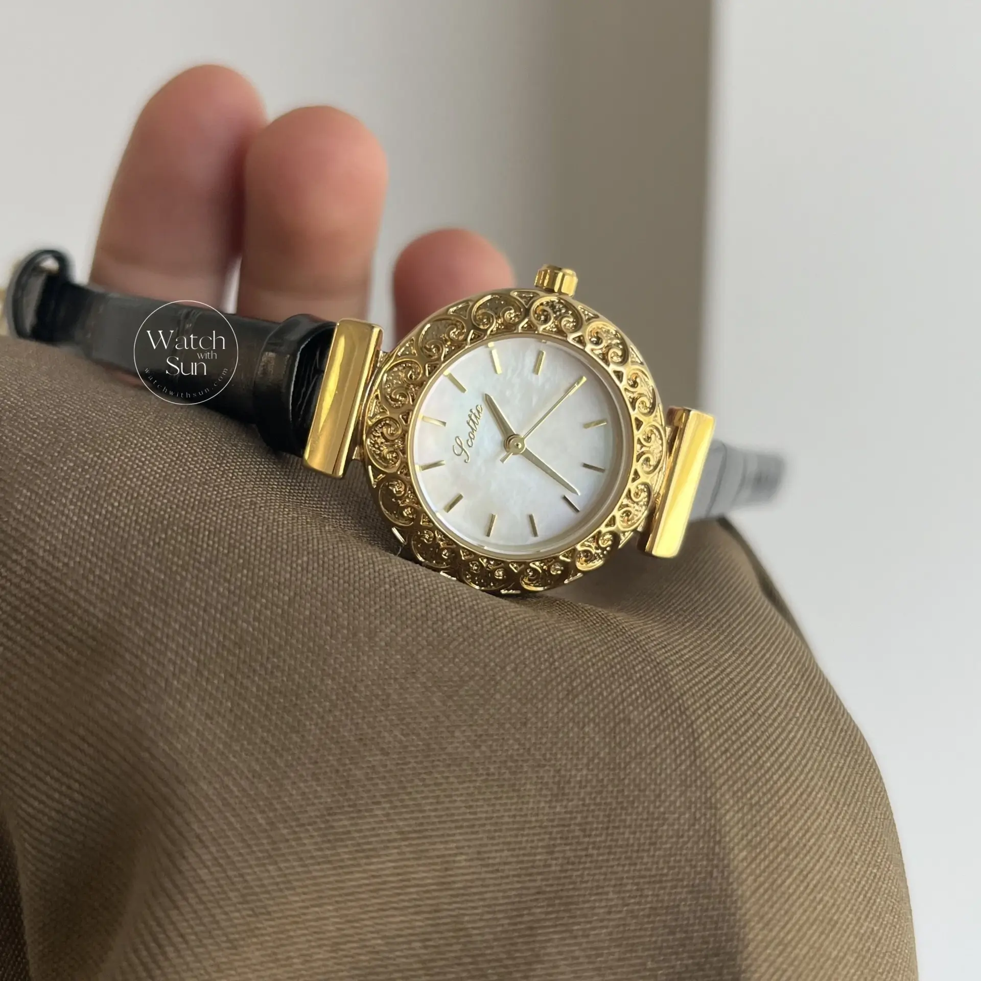 Dainty Mother of Pearl Round Face Black Leather Watch