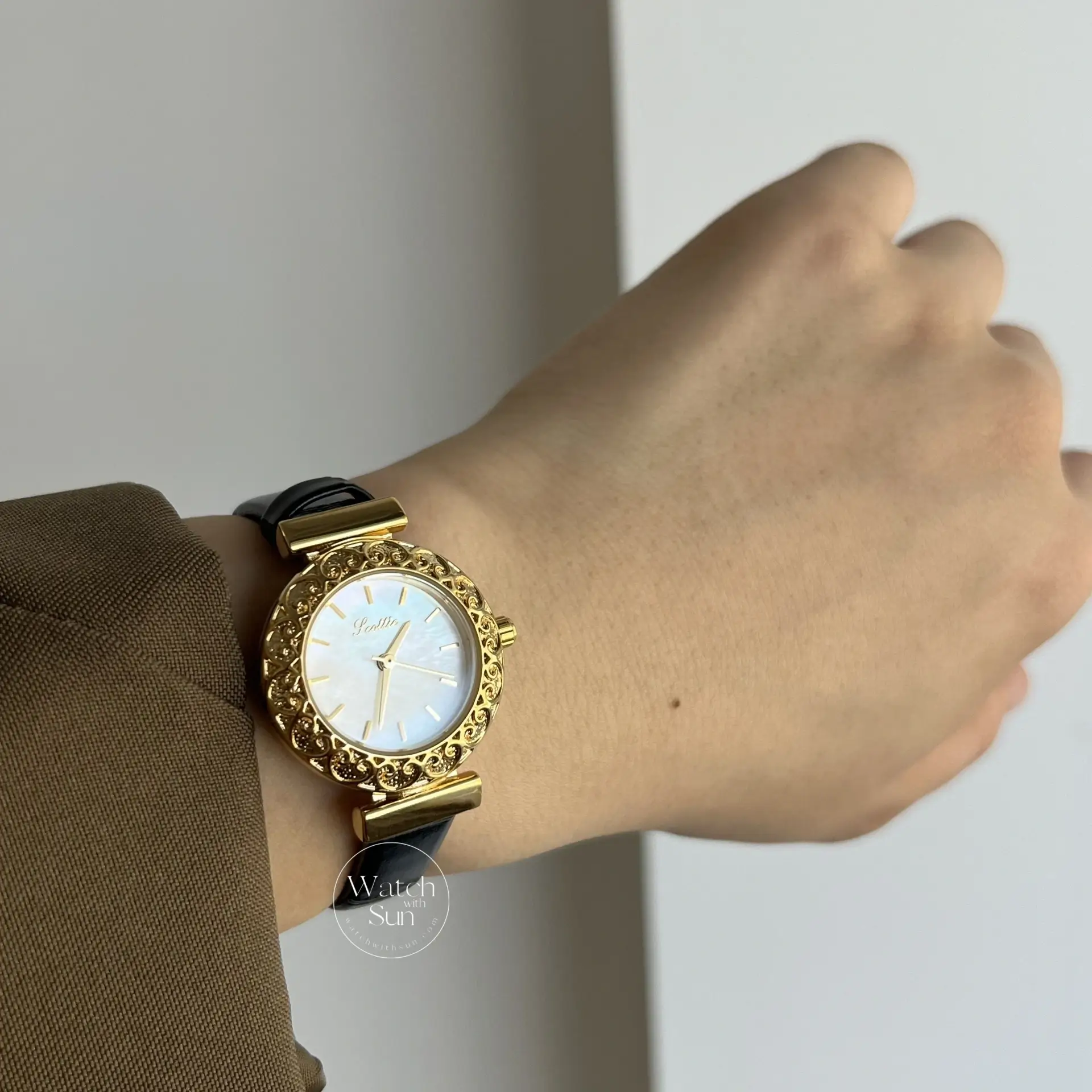 Dainty Mother of Pearl Round Face Black Leather Watch