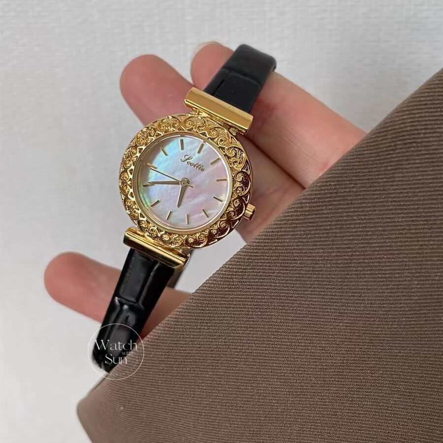 Dainty Mother of Pearl Round Face Black Leather Watch