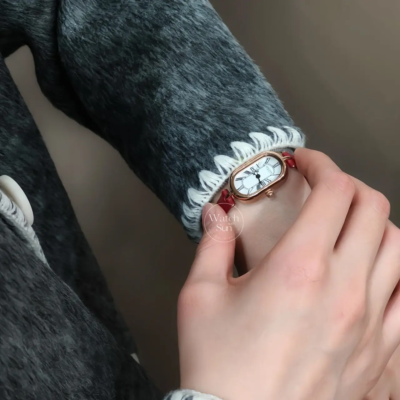 Classic Red Oval Genuine Leather Wristwatch