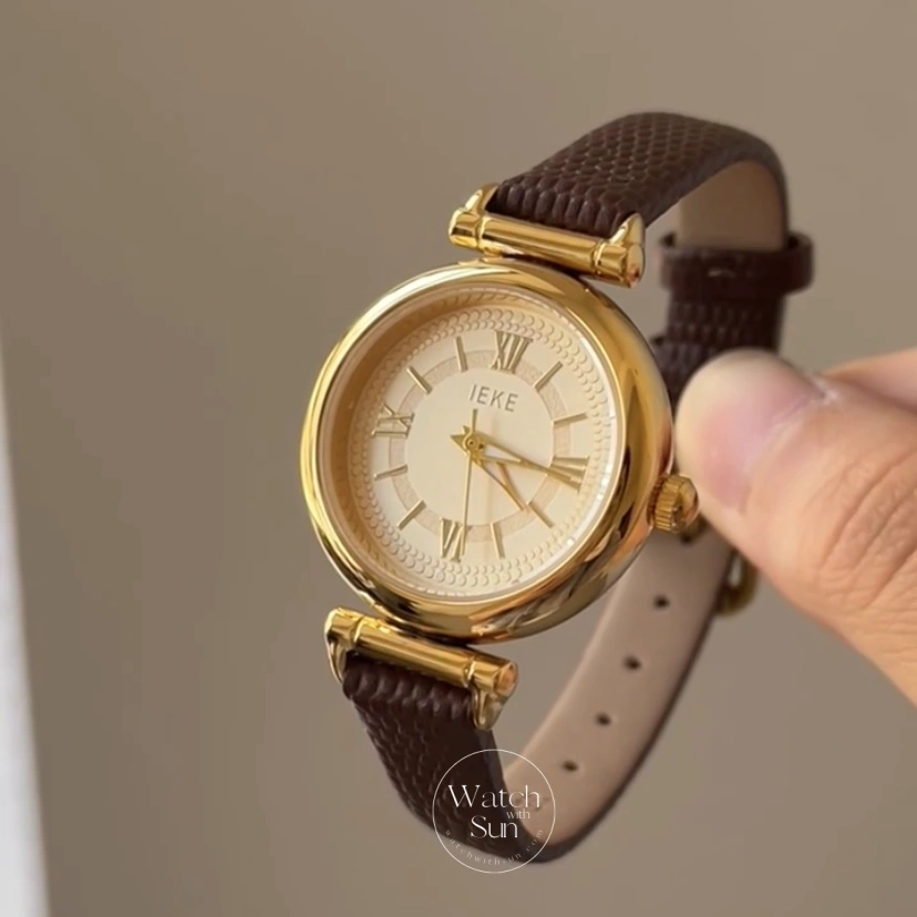 Minimalist Round Roman Numeral Dial Brown Leather Watch
