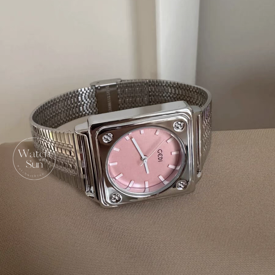 Vintage Style Gold/Blue/Pink Square Stainless Steel Watch