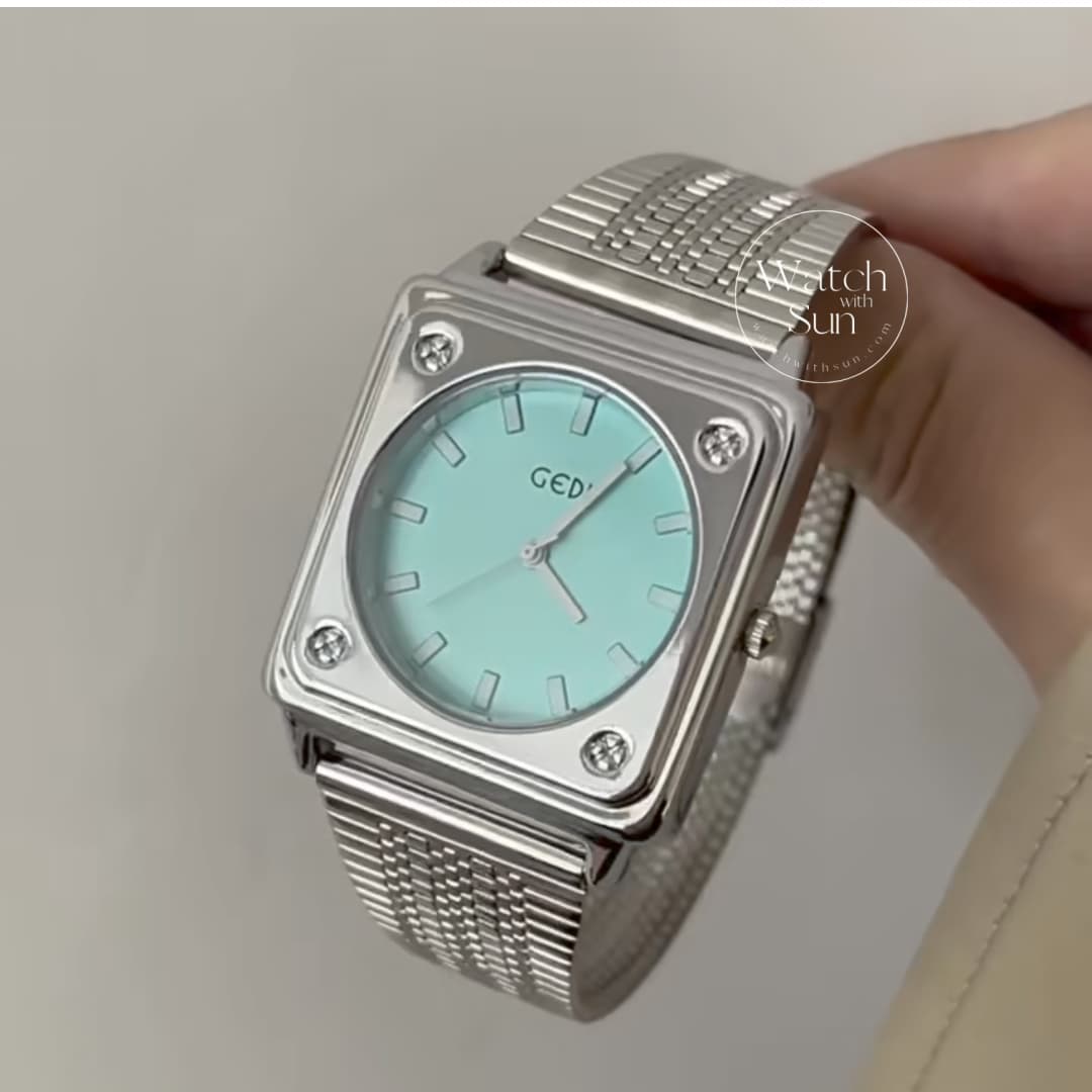 Vintage Style Gold/Blue/Pink Square Stainless Steel Watch