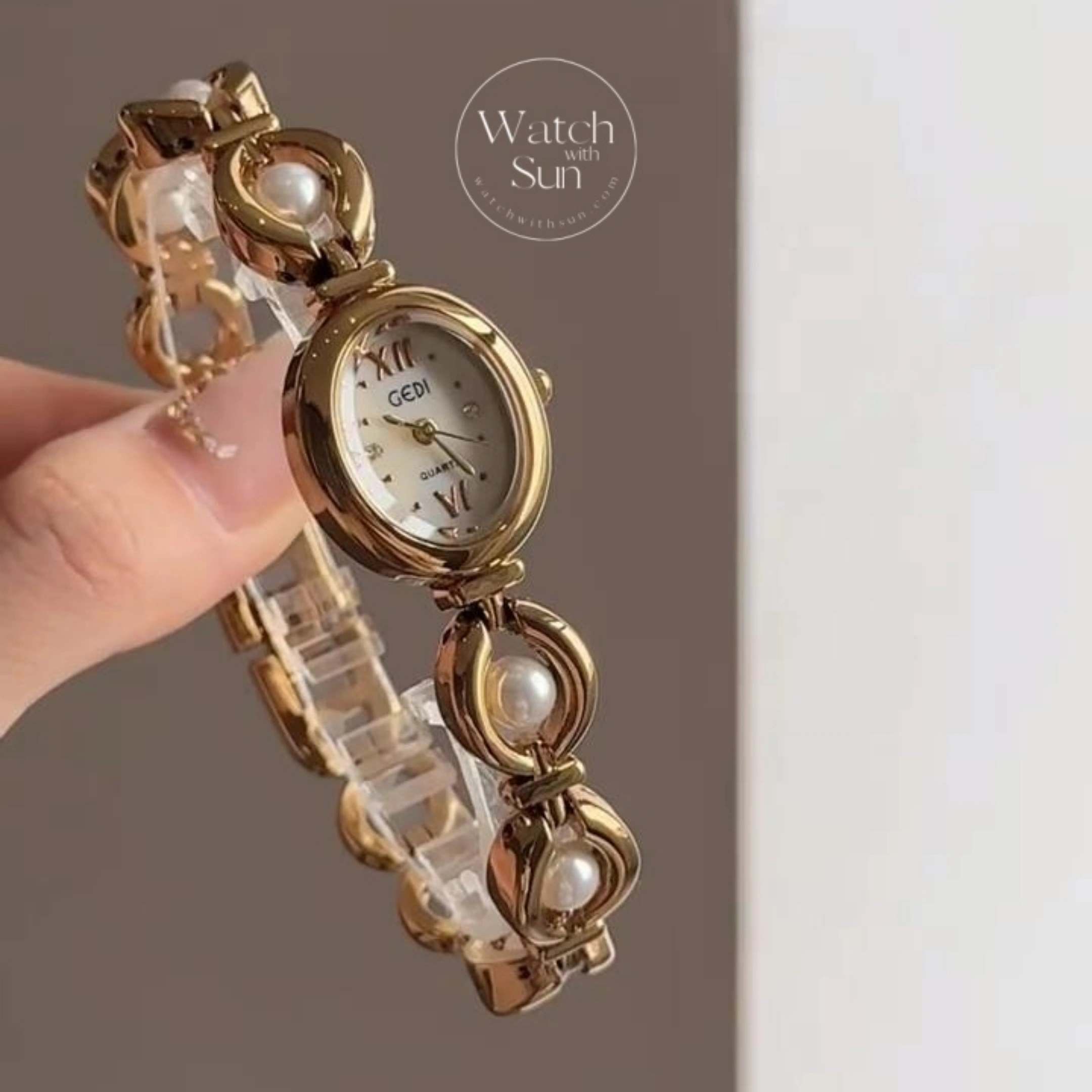 Oval Face Tiger's Eyes Stone Gold Bracelet Watch
