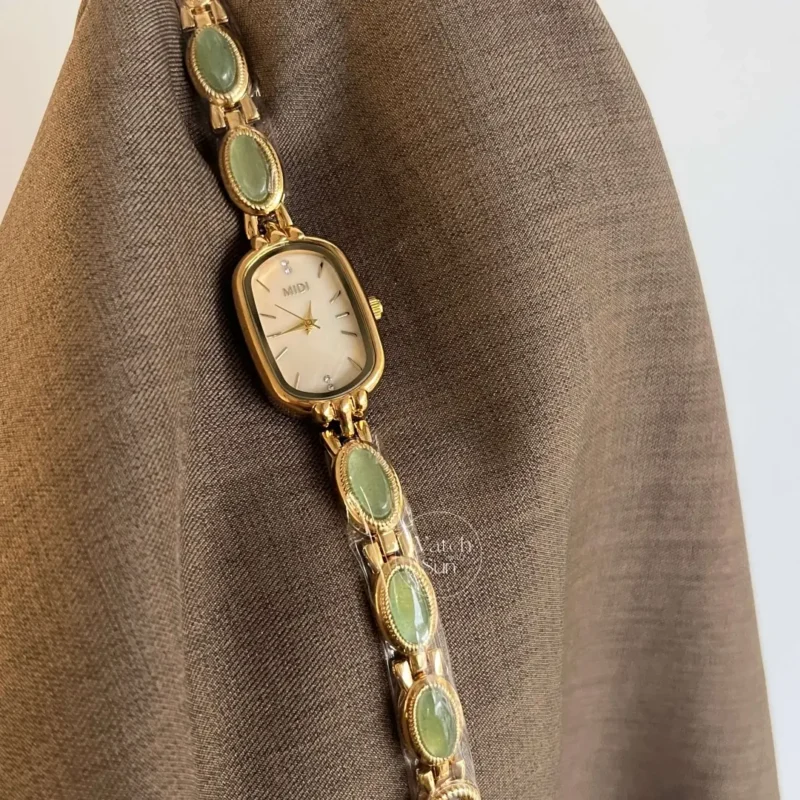 Beige Mother of Pearl Dial Watch Green Jade Bracelet Gemstone Watch for Women