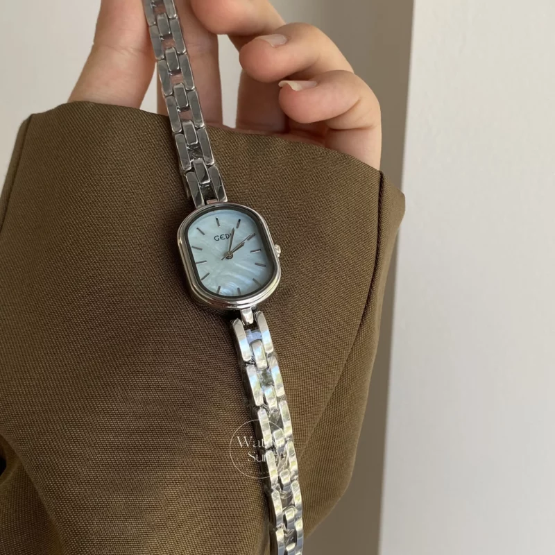 Oval Blue Mother of Pearl Watch Silver Ladies Watch