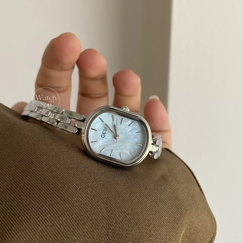 Oval Blue Mother of Pearl Watch Silver Ladies Watch