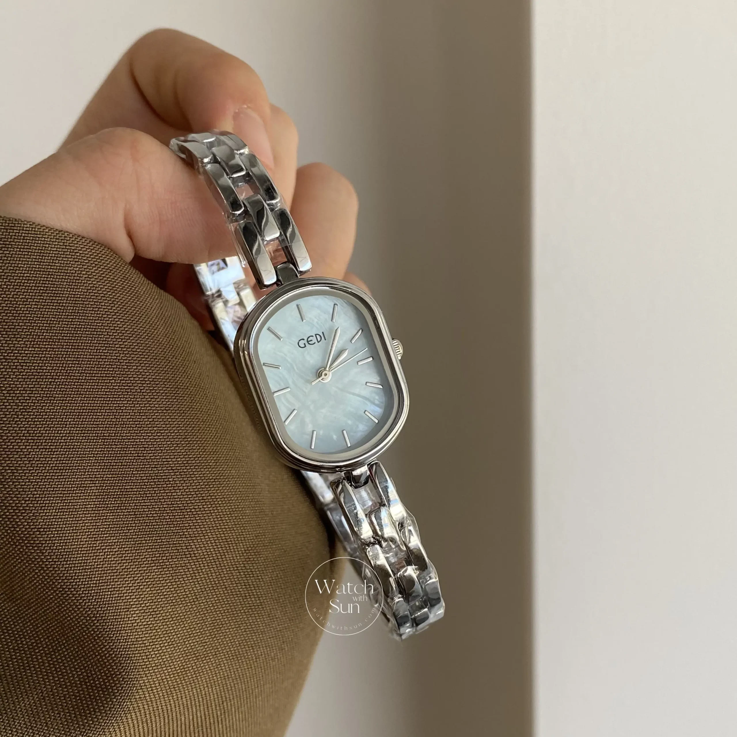 Oval Blue Mother of Pearl Watch Silver Ladies Watch