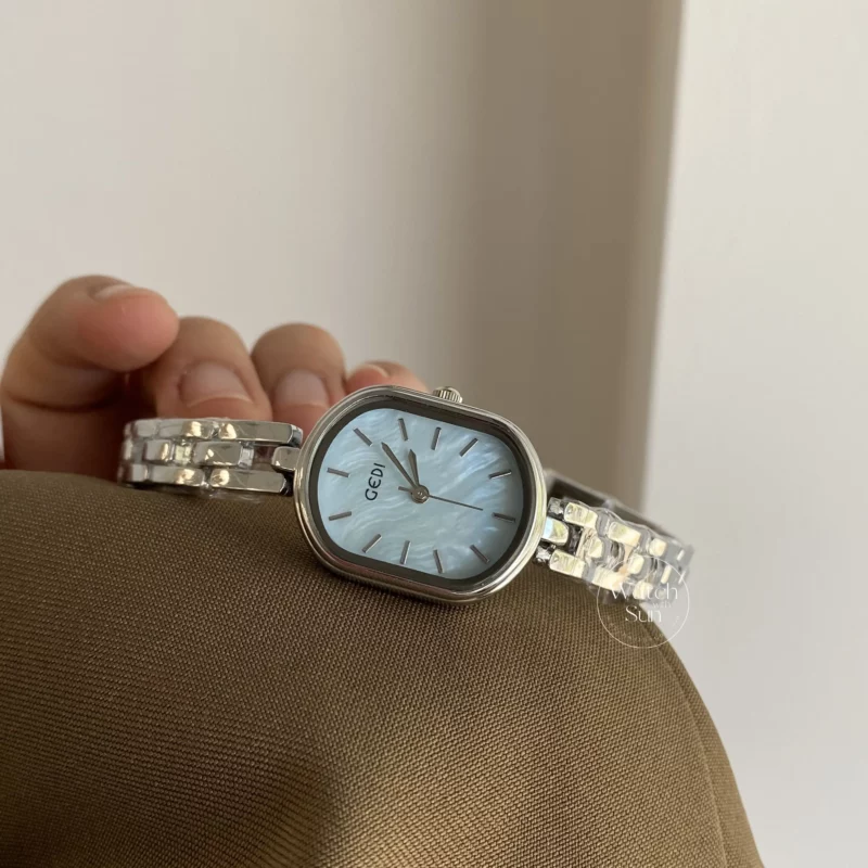 Oval Blue Mother of Pearl Watch Silver Ladies Watch
