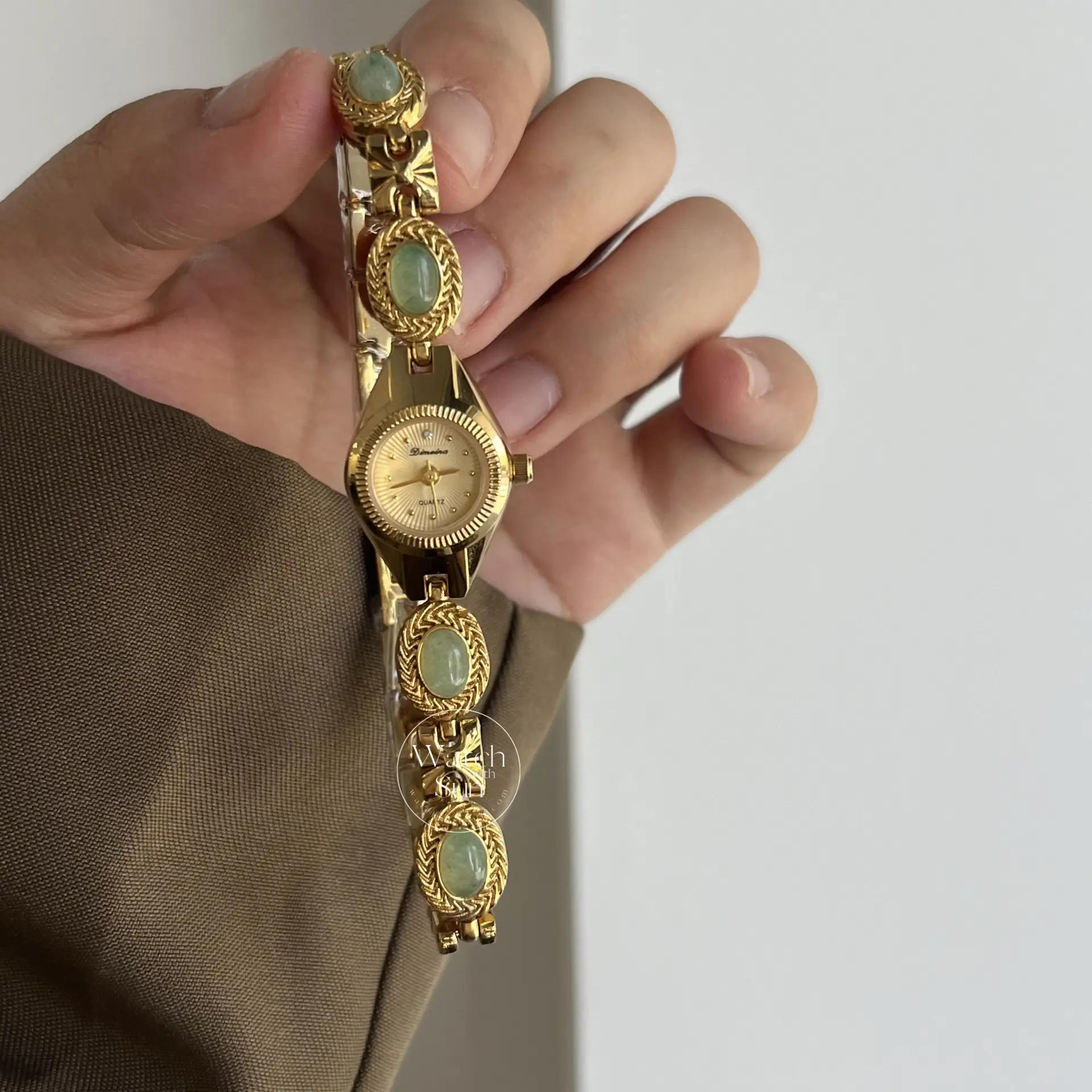 Small Gold Watch Green Jade Bracelet Gemstone Ladies Watch