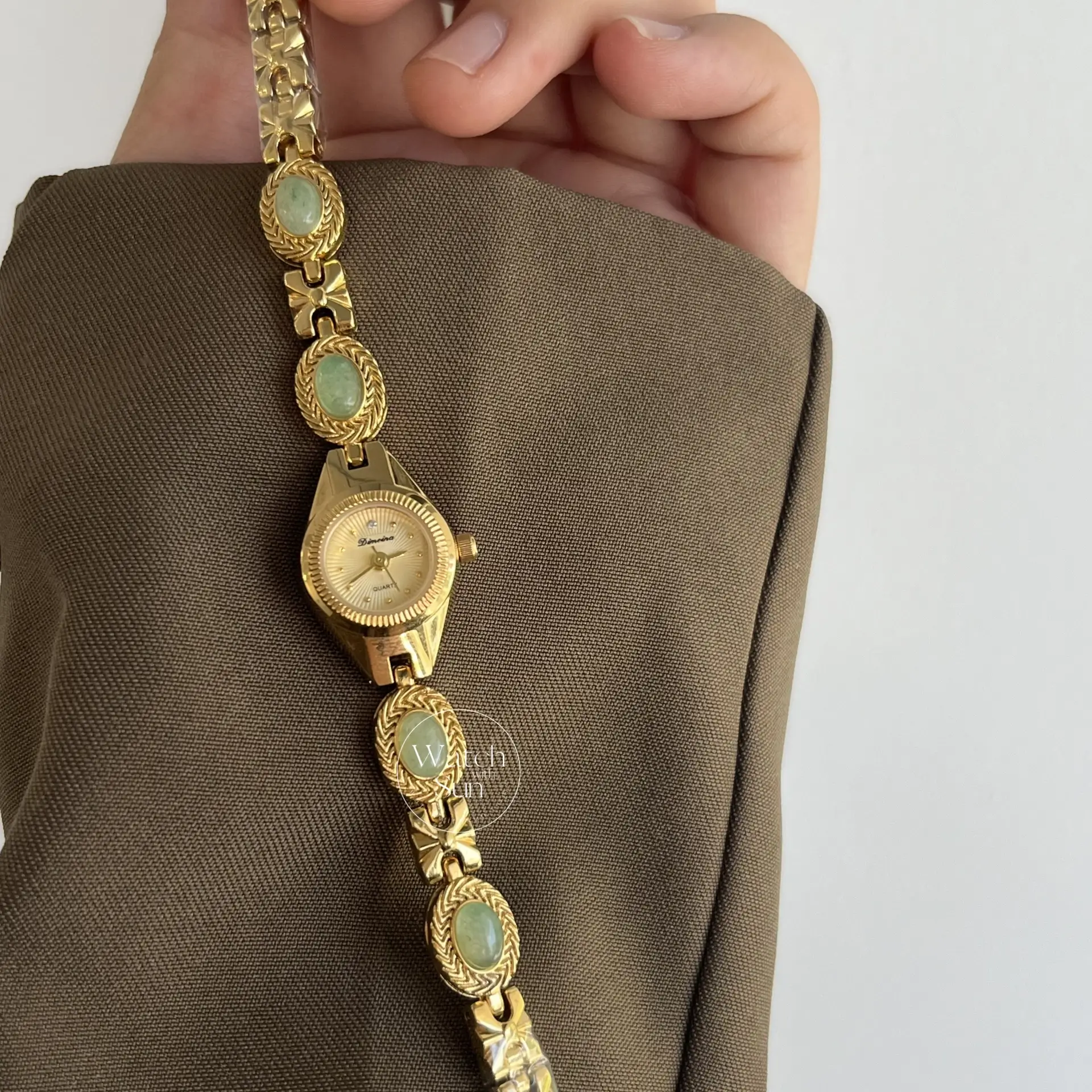 Small Gold Watch Green Jade Bracelet Gemstone Ladies Watch