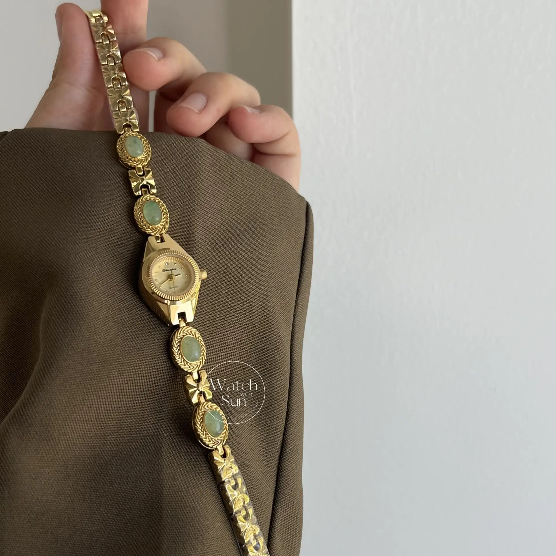 Small Gold Watch Green Jade Bracelet Gemstone Ladies Watch