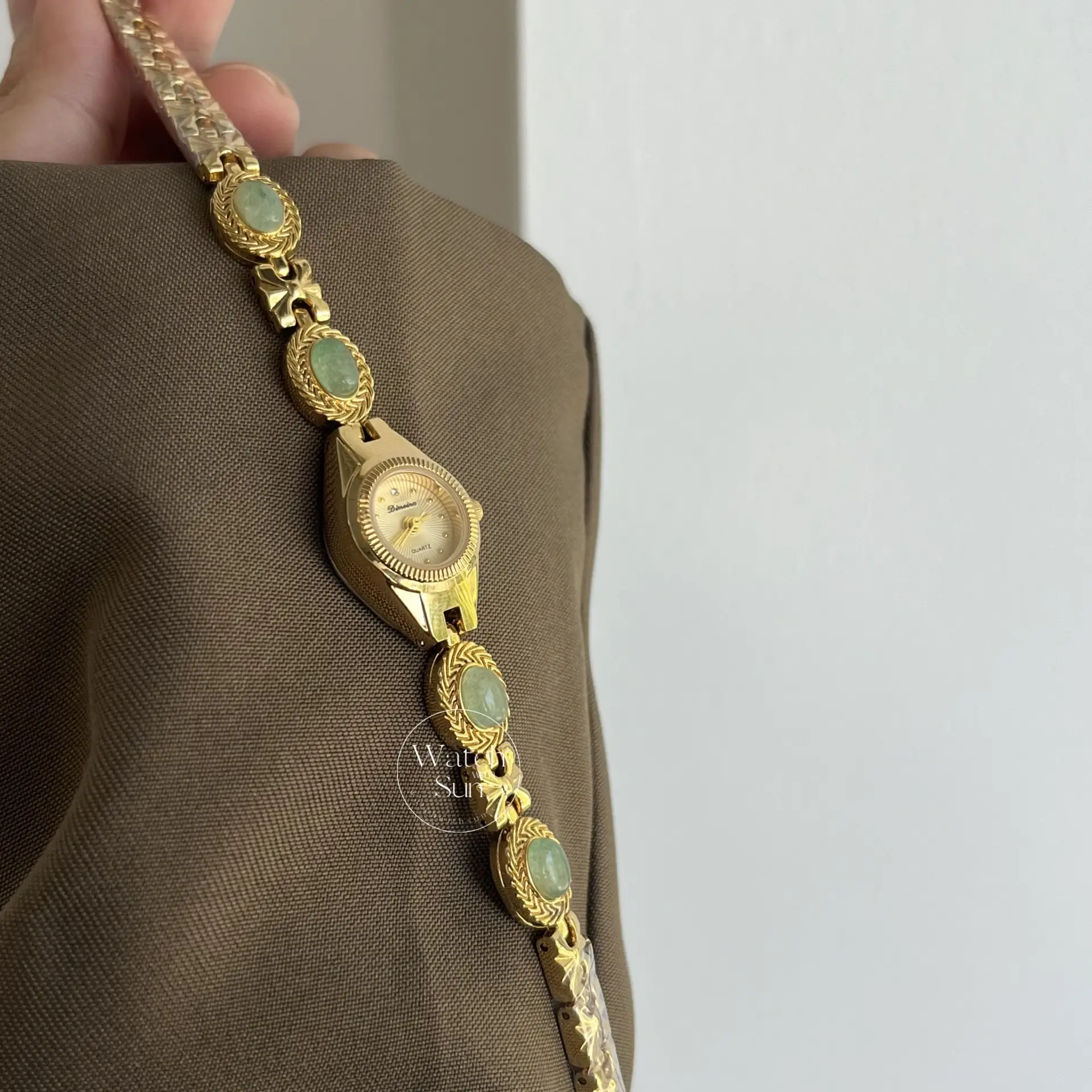 Small Gold Watch Green Jade Bracelet Gemstone Ladies Watch