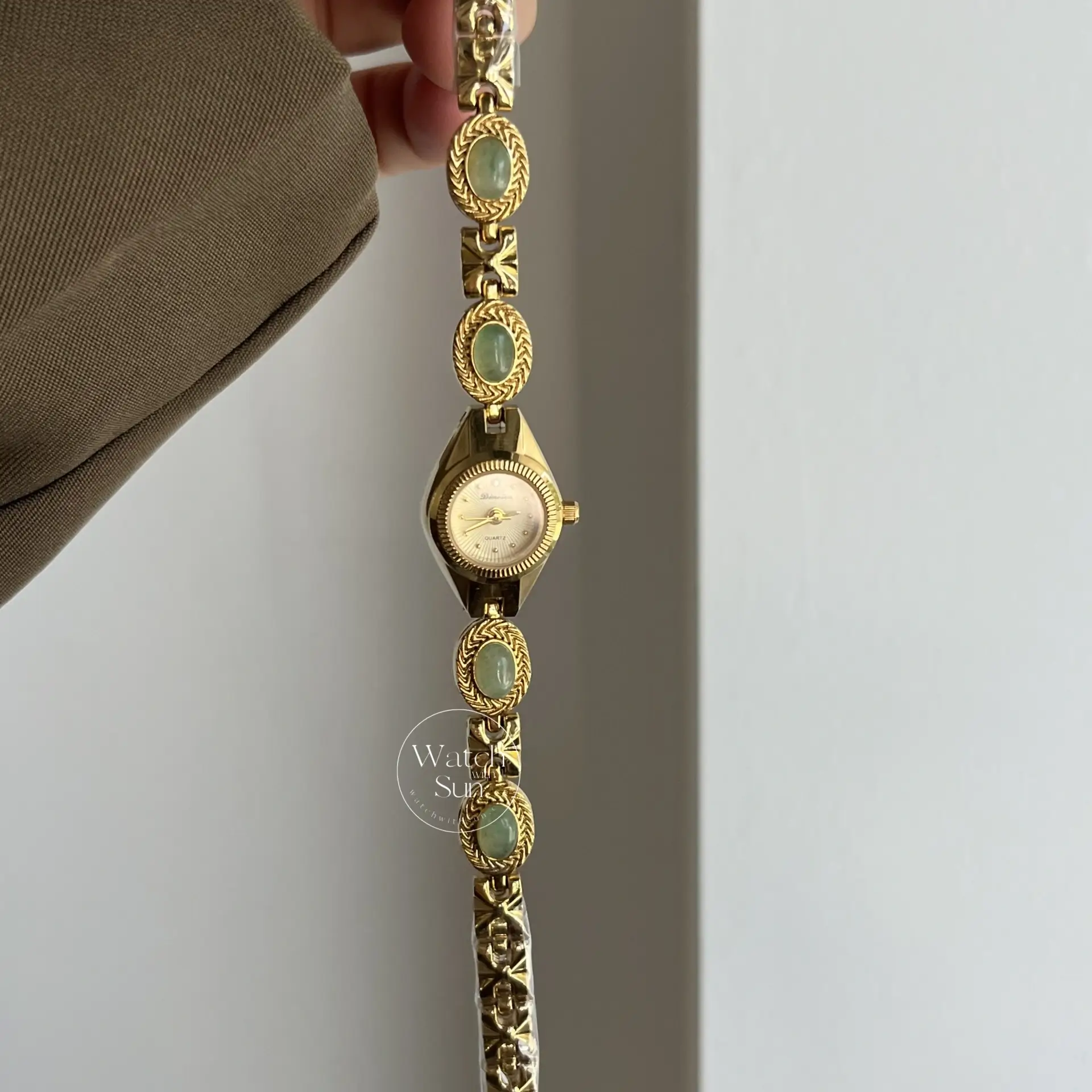 Small Gold Watch Green Jade Bracelet Gemstone Ladies Watch