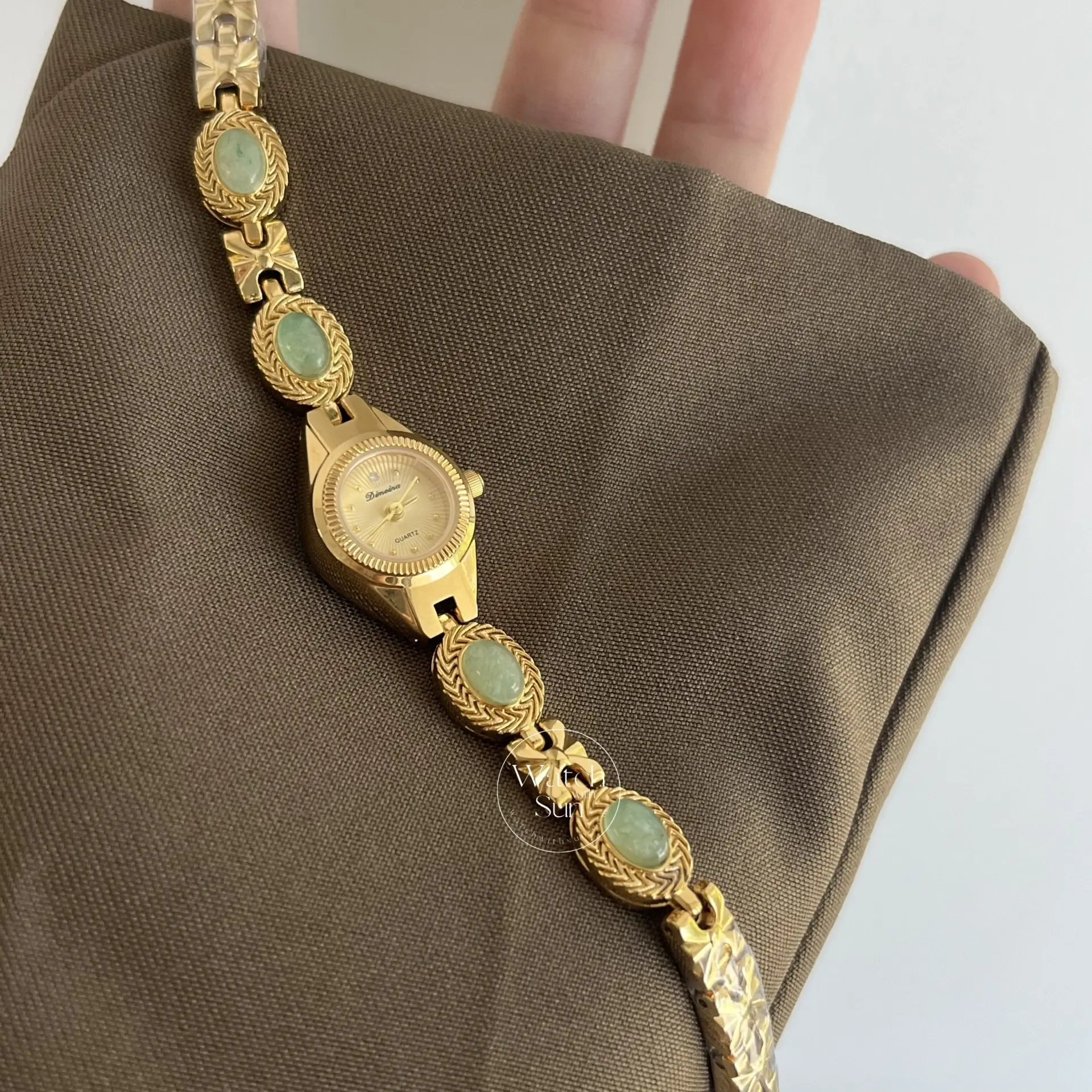 Small Gold Watch Green Jade Bracelet Gemstone Ladies Watch