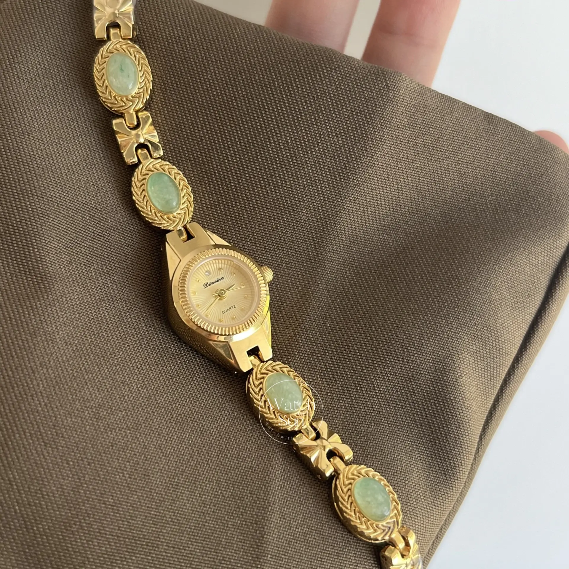 Small Gold Watch Green Jade Bracelet Gemstone Ladies Watch