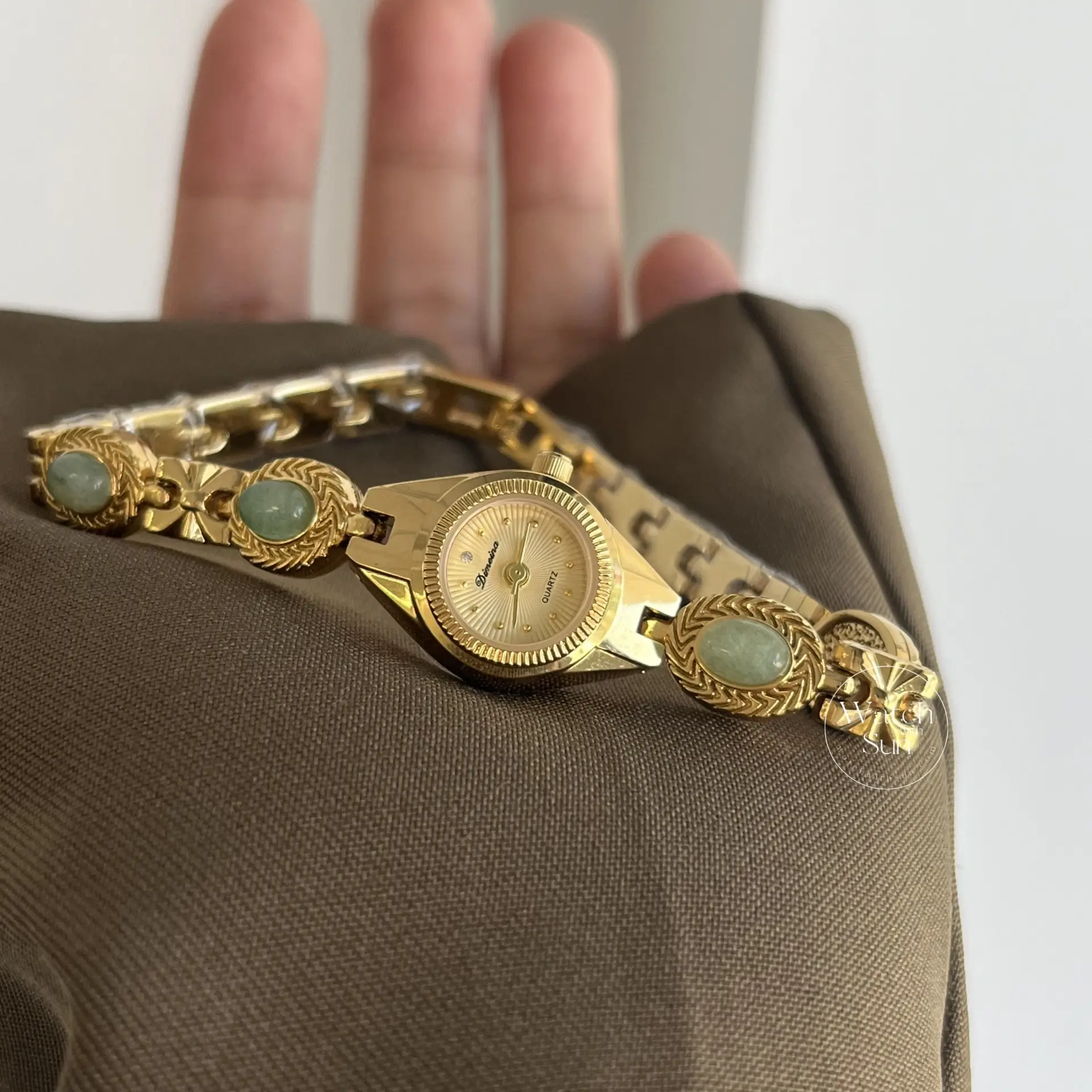 Small Gold Watch Green Jade Bracelet Gemstone Ladies Watch