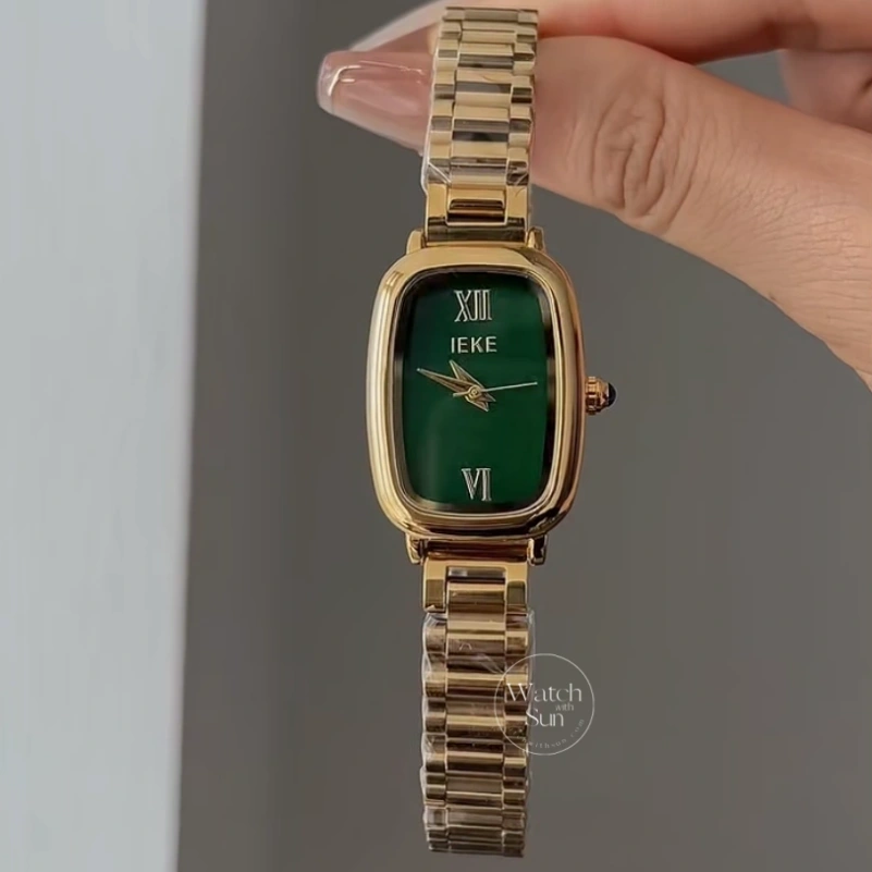 Green Dial Gold Watch for Women Minimalist Rectangle Watch