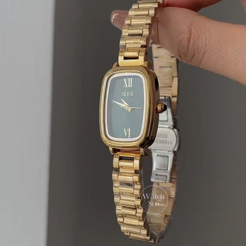 Green Dial Gold Watch for Women Minimalist Rectangle Watch