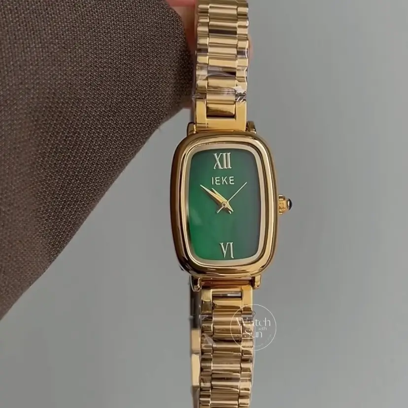 Green Dial Gold Watch for Women Minimalist Rectangle Watch