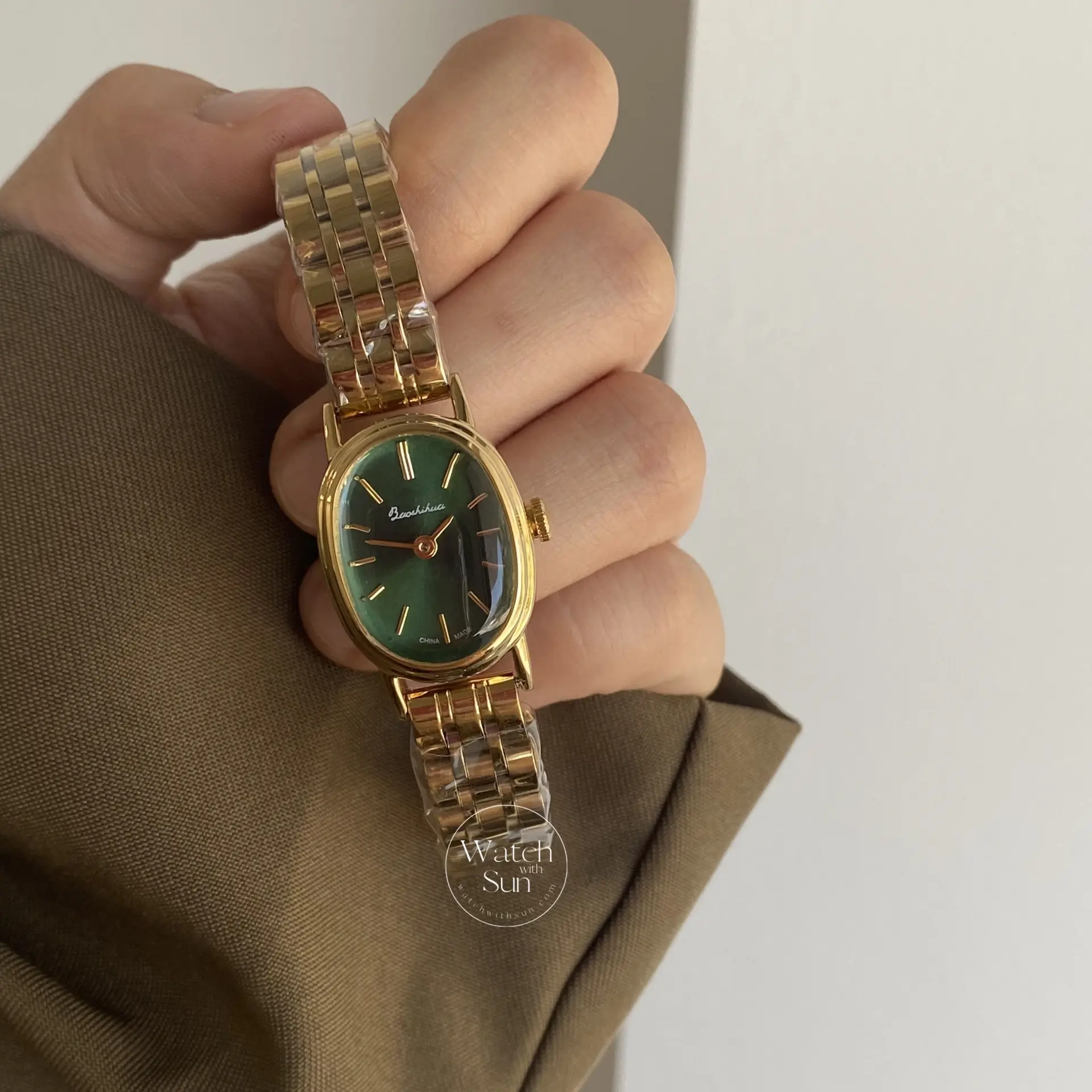 Dainty Gold Emerald Green Watch Oval Women's Watch
