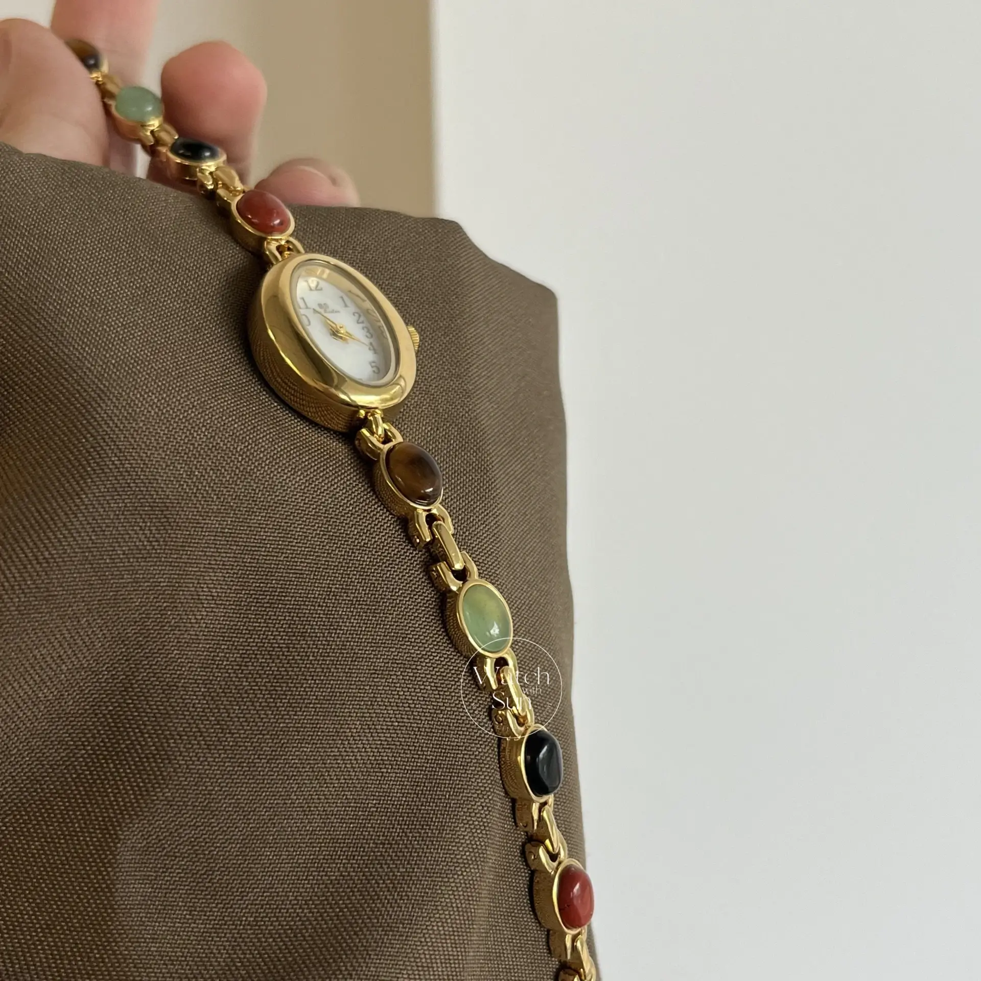 Vintage Gold Watch Mother of Pearl Dial Colorful Nature Stone Bracelet Watch