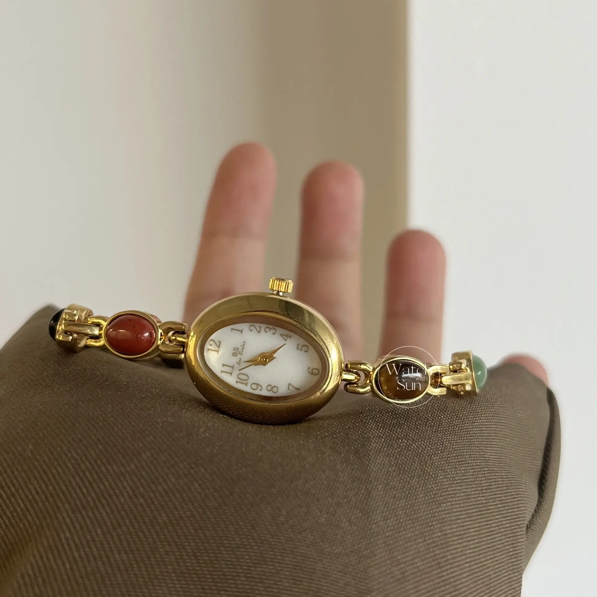 Vintage Gold Watch Mother of Pearl Dial Colorful Nature Stone Bracelet Watch