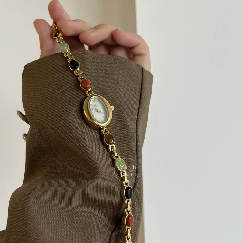 Vintage Gold Watch Mother of Pearl Dial Colorful Nature Stone Bracelet Watch