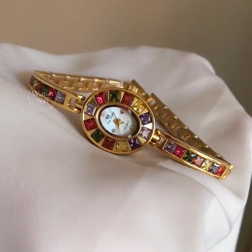 Vintage Women's Gold Watch Colorful Zircon Bracelet Watch