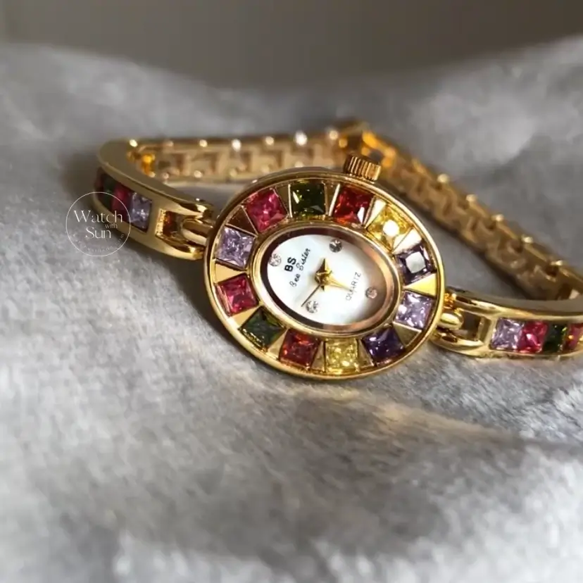 Vintage Women's Gold Watch Colorful Zircon Bracelet Watch
