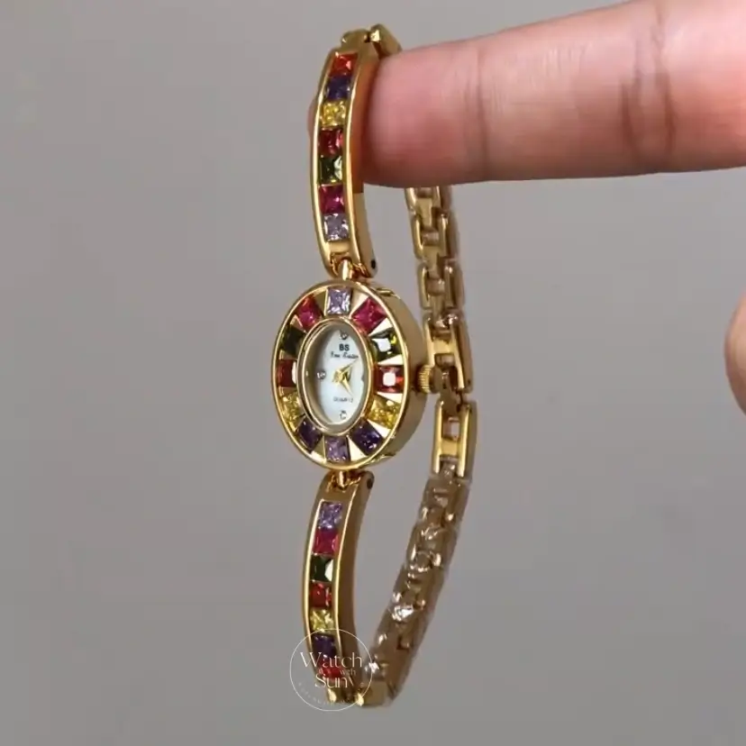 Vintage Women's Gold Watch Colorful Zircon Bracelet Watch