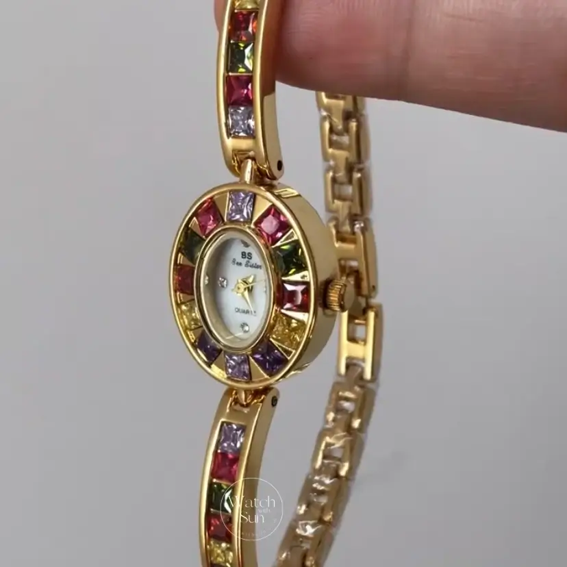Vintage Women's Gold Watch Colorful Zircon Bracelet Watch
