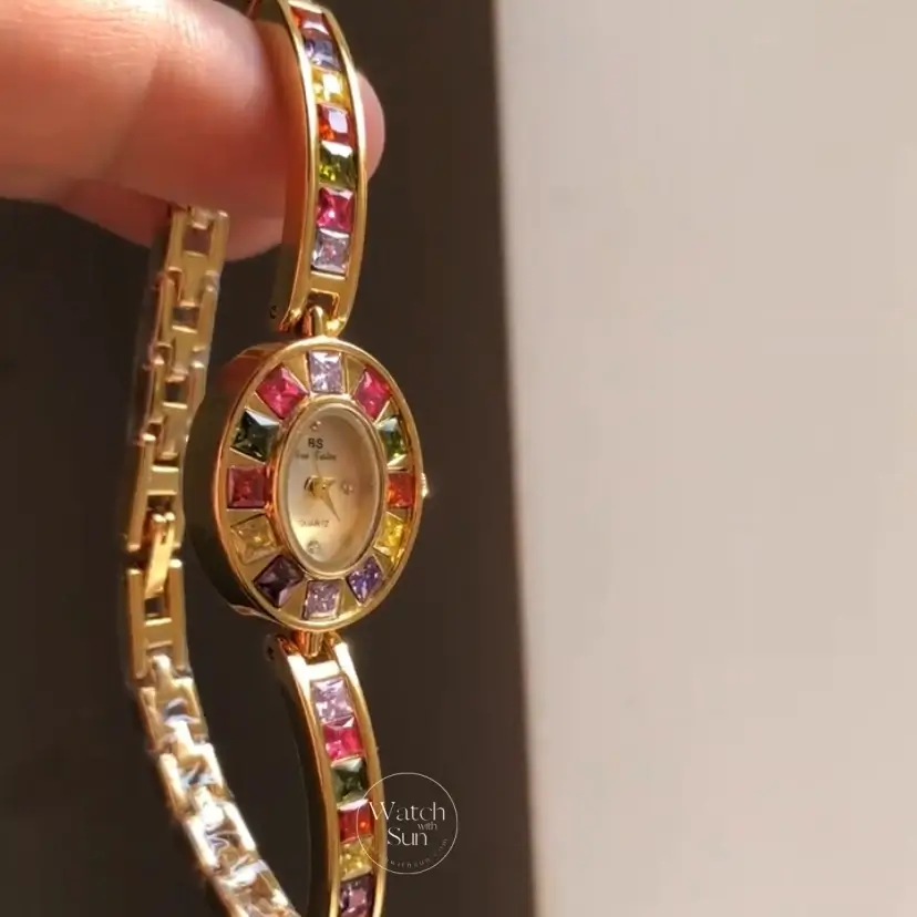Vintage Women's Gold Watch Colorful Zircon Bracelet Watch