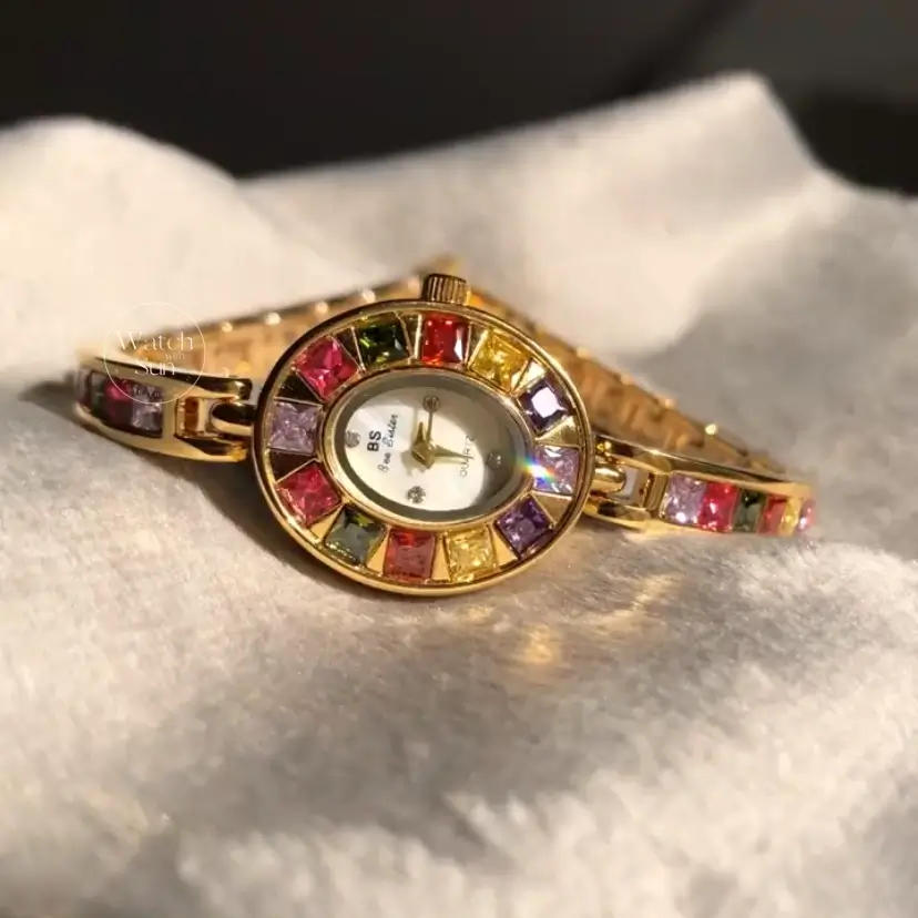 Vintage Women's Gold Watch Colorful Zircon Bracelet Watch