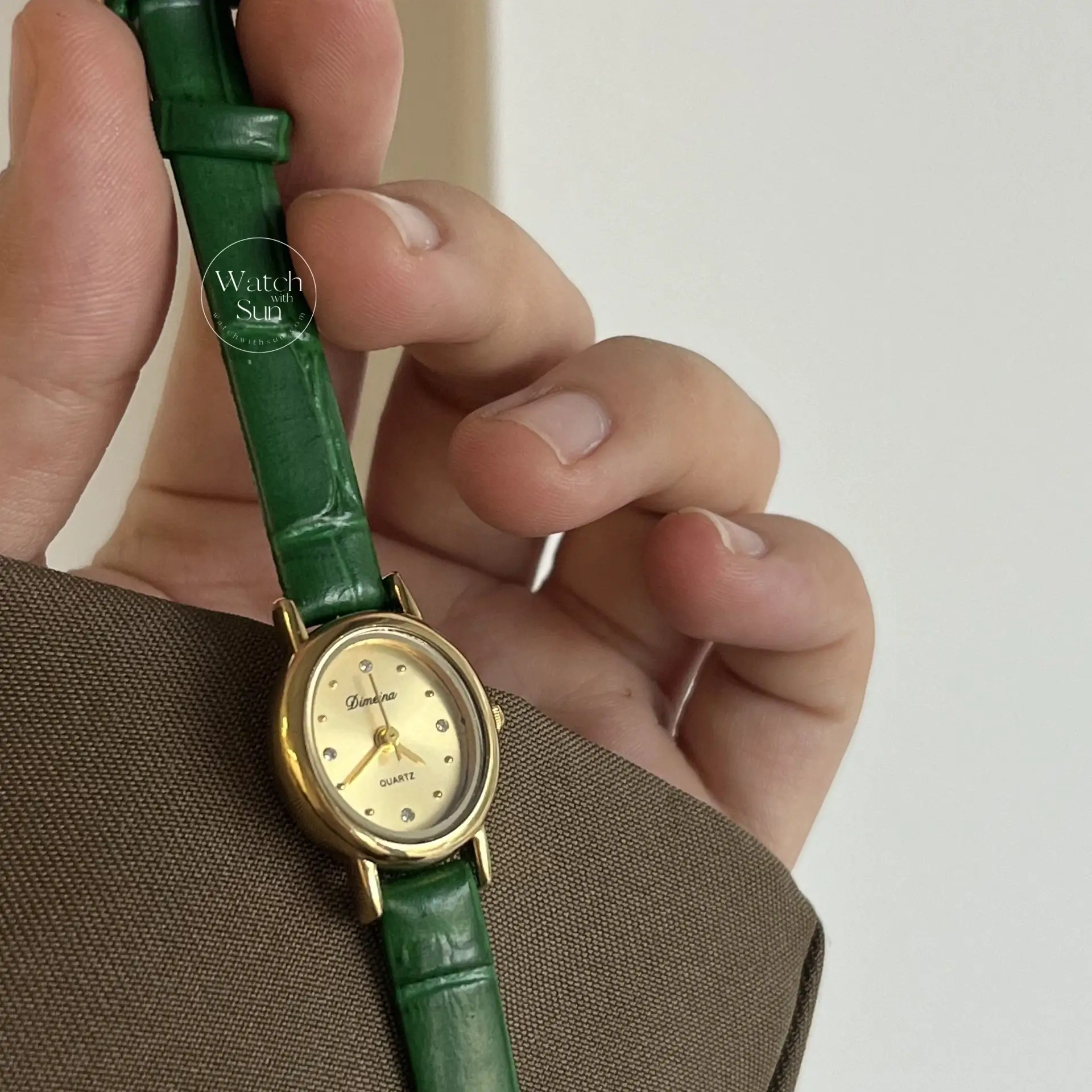 Dainty Gold Small Watch Green Leather Band Watch