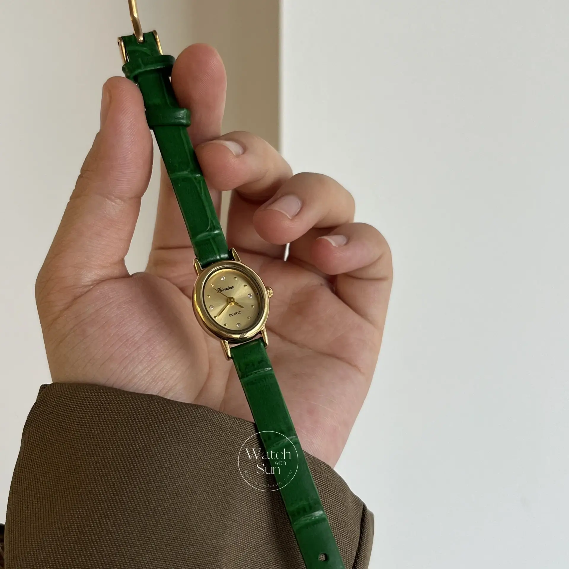 Dainty Gold Small Watch Green Leather Band Watch