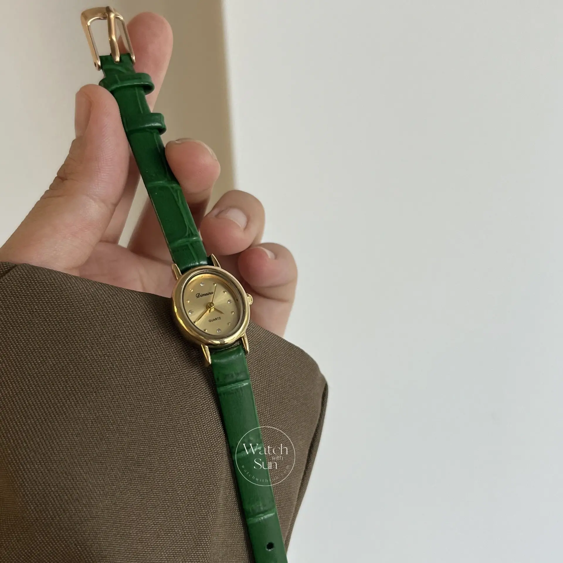 Dainty Gold Small Watch Green Leather Band Watch
