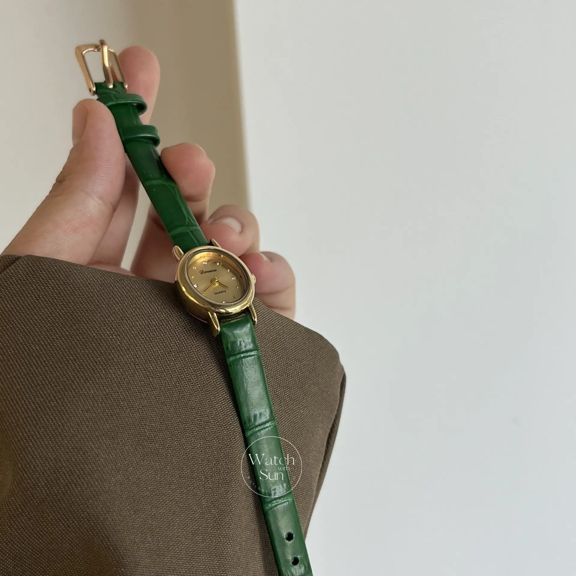 Dainty Gold Small Watch Green Leather Band Watch