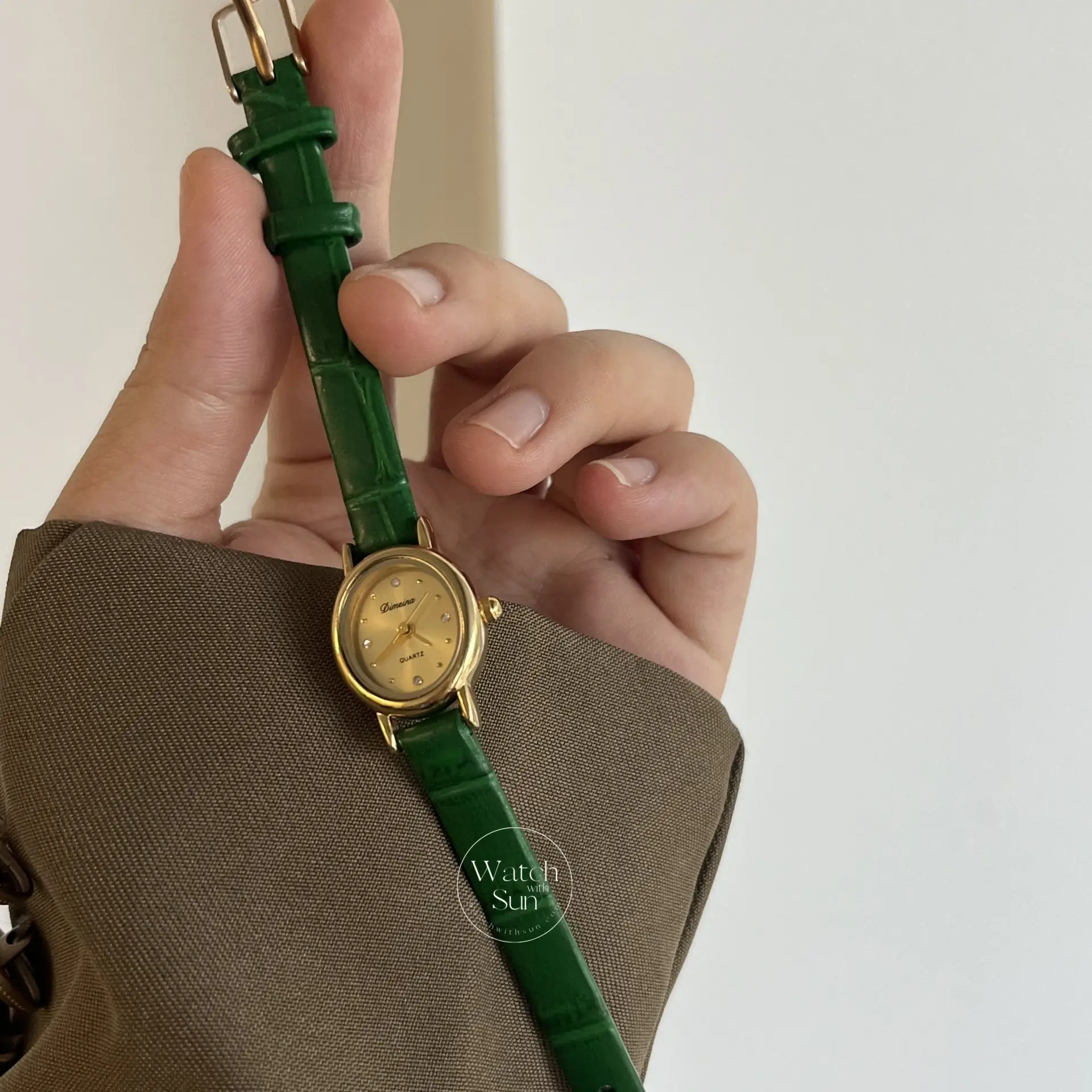Dainty Gold Small Watch Green Leather Band Watch