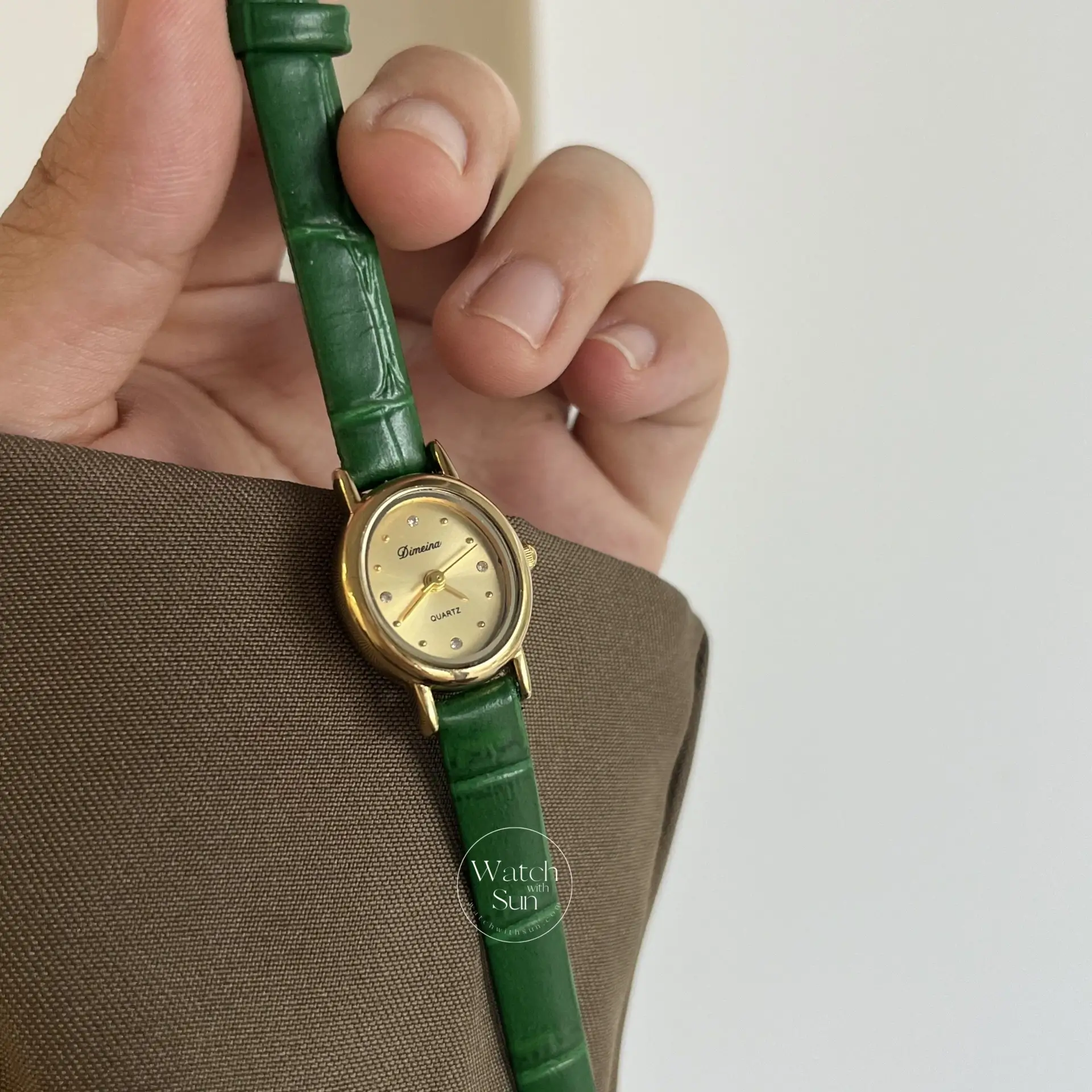Dainty Gold Small Watch Green Leather Band Watch