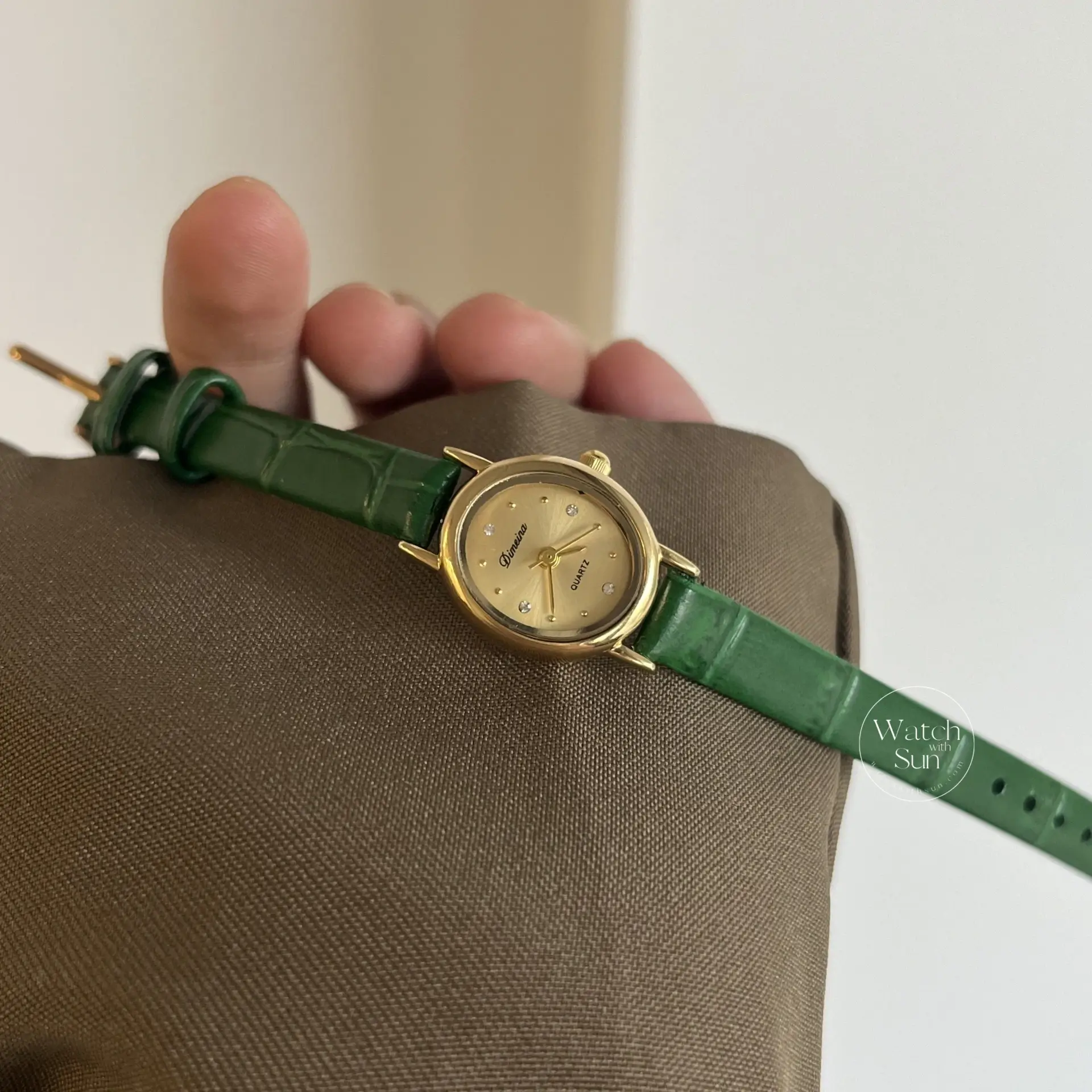Dainty Gold Small Watch Green Leather Band Watch