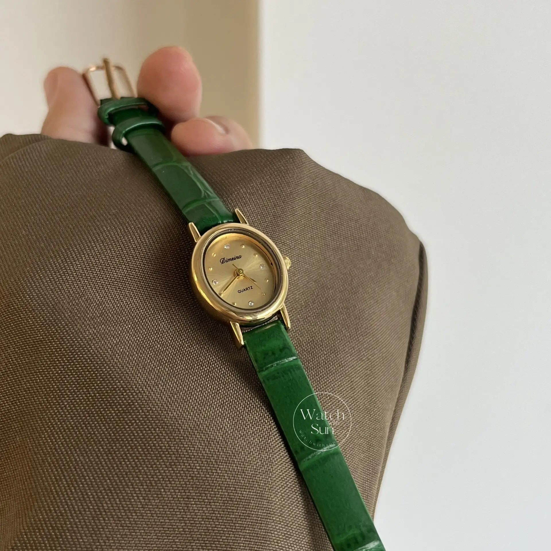 Dainty Gold Small Watch Green Leather Band Watch