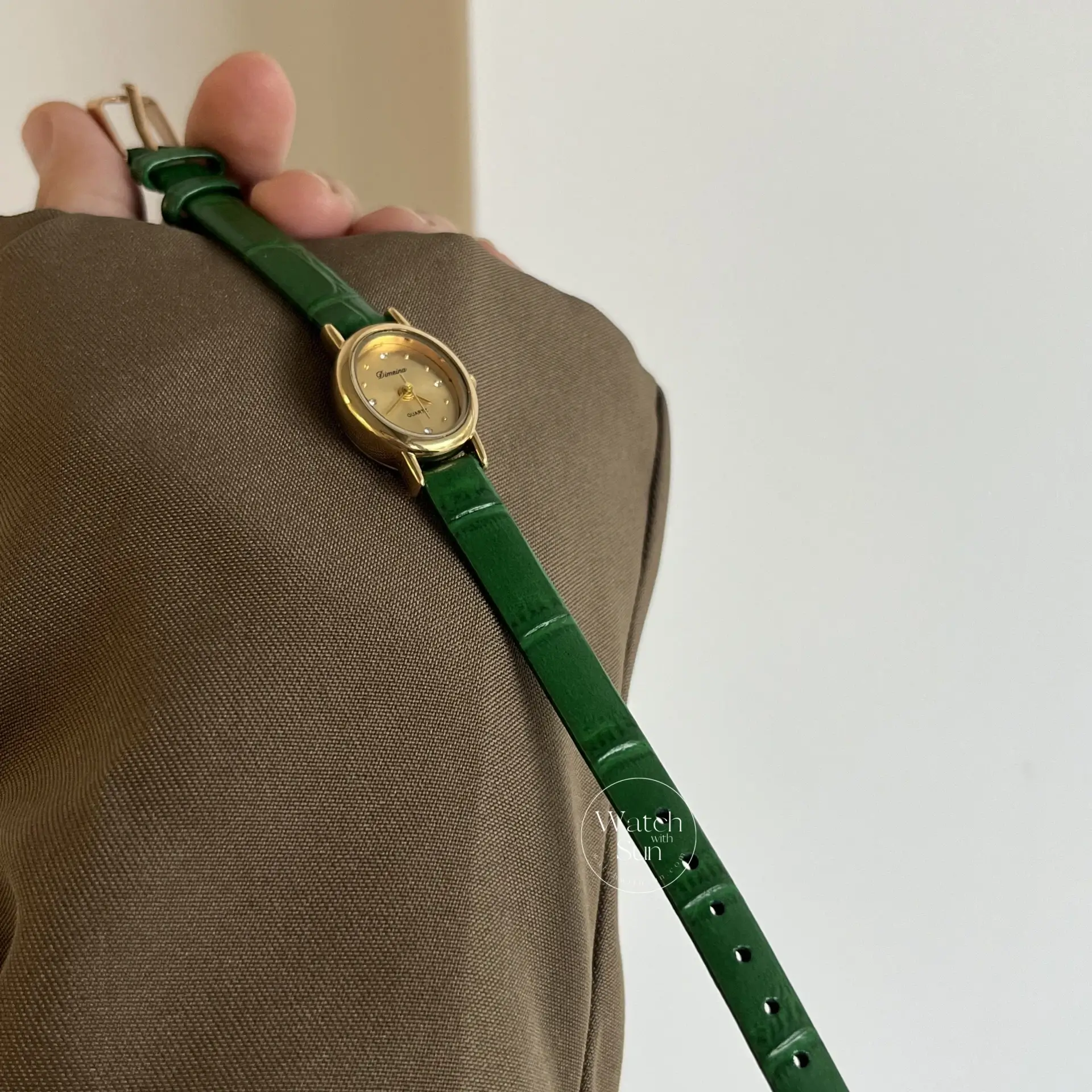 Dainty Gold Small Watch Green Leather Band Watch