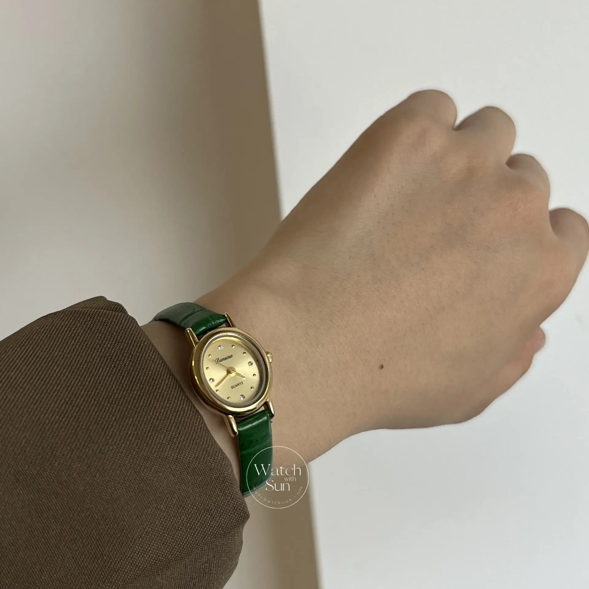 Dainty Gold Small Watch Green Leather Band Watch
